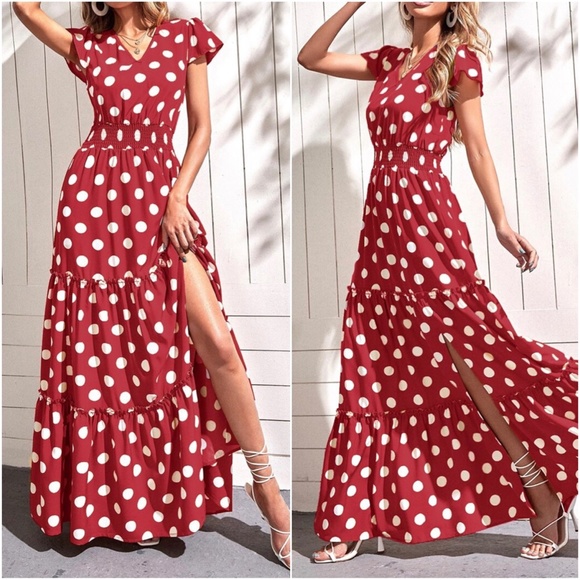 Boho Lilac Purple Polka Dot V neck Ruffle Maxi Dress - Picture 2 of 6